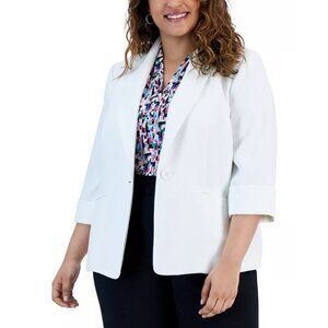 KASPER Plus Size Piqué One-Button Rolled-Sleeve Jacket, White NWT